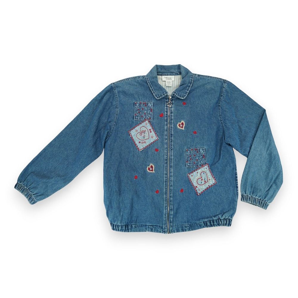 VINTAGE TEDDI Women's Denim Full Zip Floral Embroidered Jean‎ Jacket Size Large